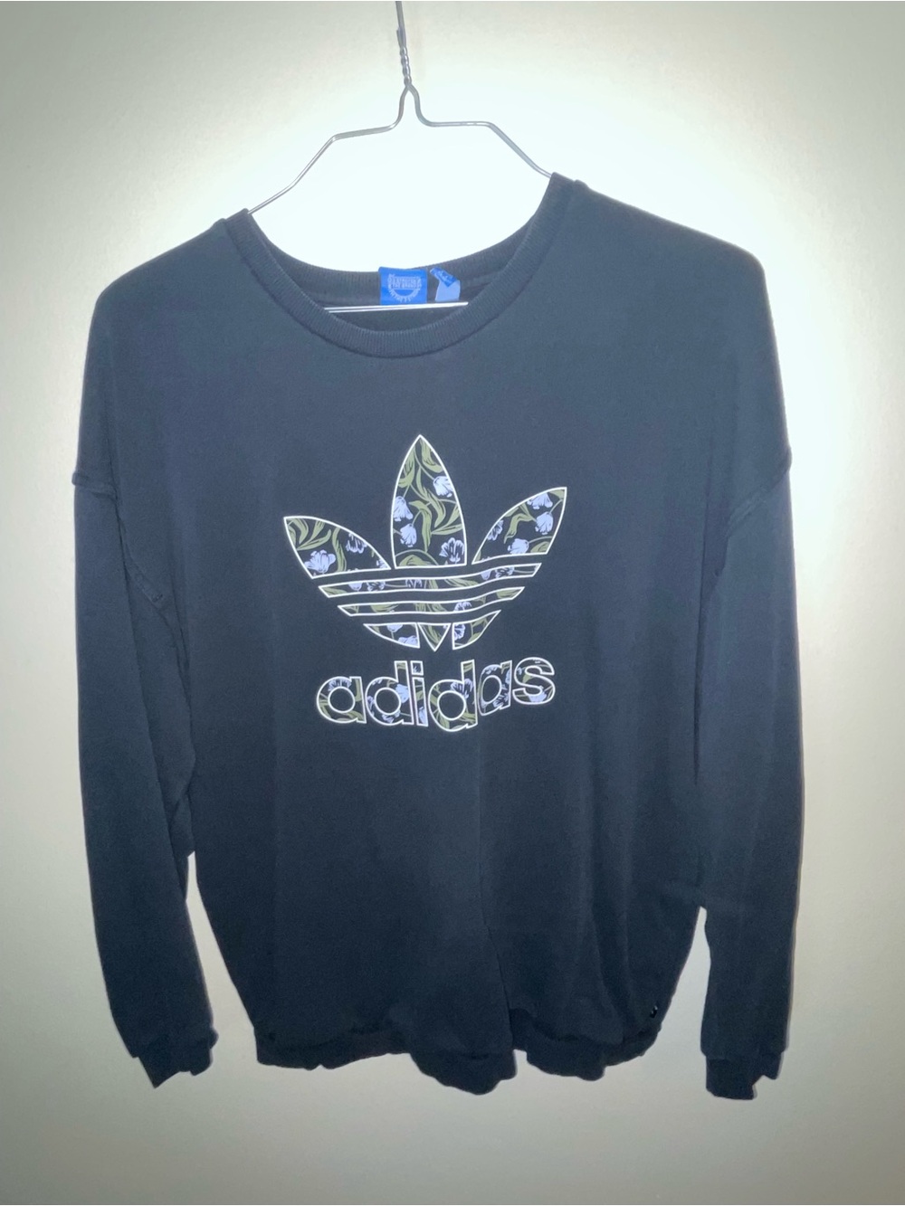 adidas Black Crewneck Sweatshirt with Floral Trefoil Accent